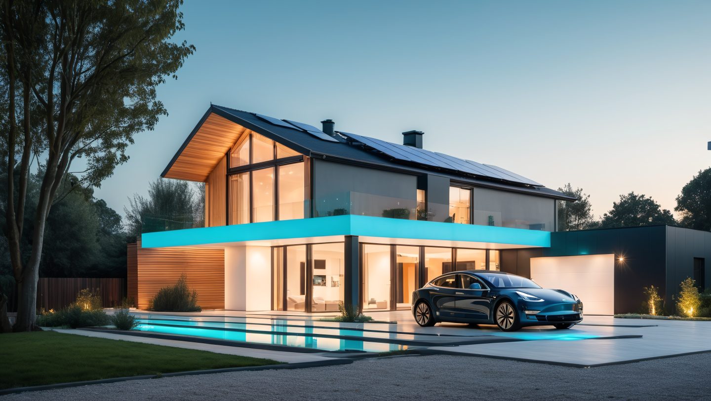 O casă cu panouri fotovoltaice, piscină și mașină electrică